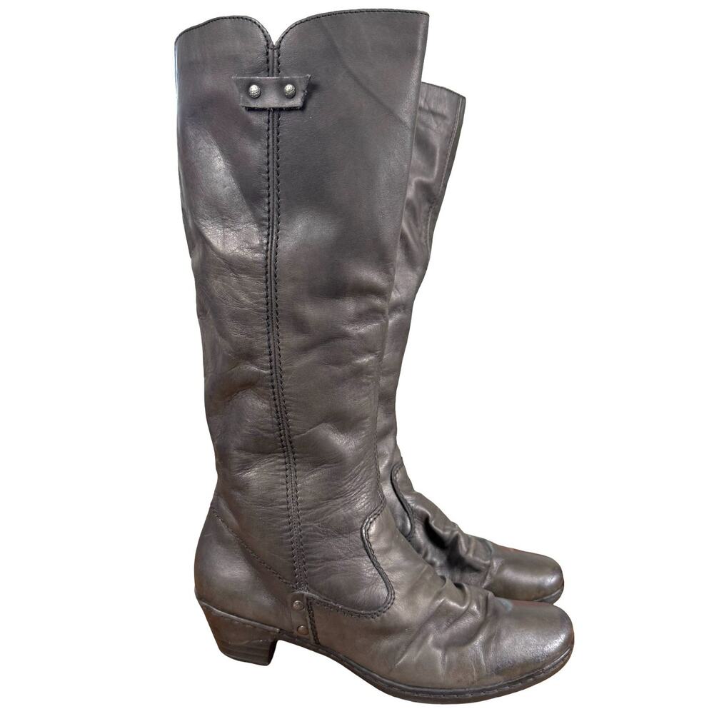 Rieker Gray Slouch Tall Fleece Lined Chunky Heel Leather Boots Side Zip 38 / 7